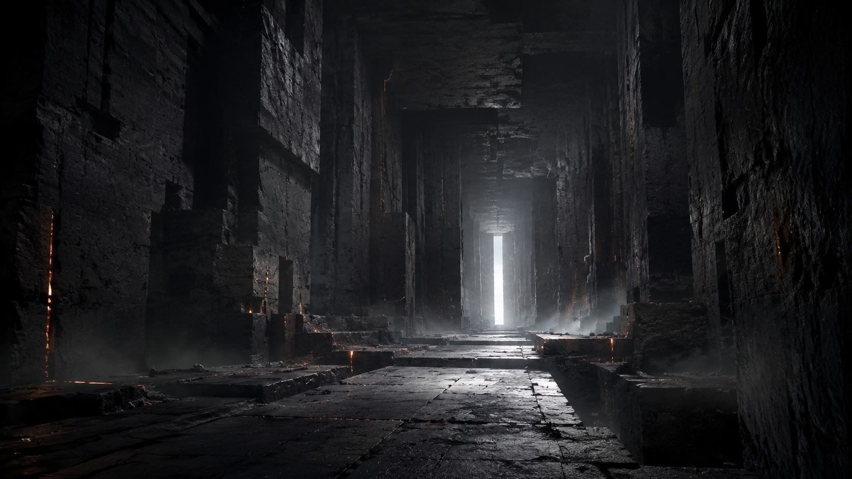 Long corridor brutaliste obscur menant vers un seuil spectral